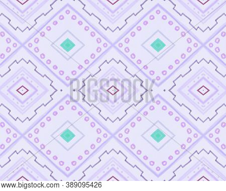 Lilac Seamless Ethnic Background. Hand Drawn Tribal Background. Mexican Textile Print. Green Boho Bo