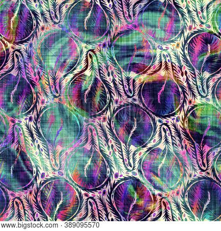 Blurry Rainbow Glitch Artistic Foliage Texture Background. Irregular Bleeding Watercolor Tie Dye Sea
