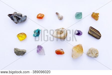 A Beautiful Collection Of Mineral Stones, Gems, Crystals, Geode On A White Background. Stones For St