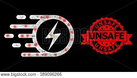 Shiny Mesh Polygonal Electric Spark With Lightspots, And Unsafe Grunge Ribbon Stamp Seal. Red Stamp 