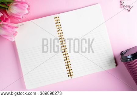 Top View Flat Lay Empty Note Book With Flowers. Mockup. Text Space. Women Flatly. Women's Day Flatla