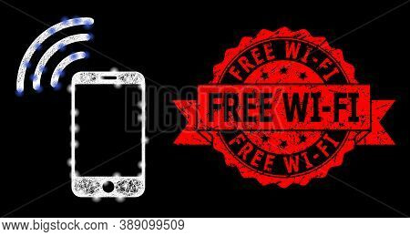 Glare Mesh Polygonal Cellphone Signal With Lightspots, And Free Wi-fi Grunge Ribbon Seal Imitation. 