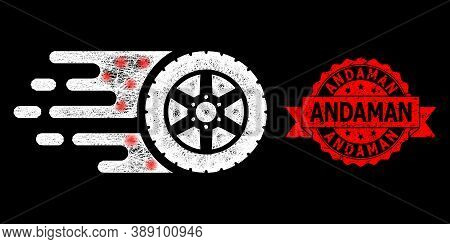 Glowing Mesh Web Tire Wheel With Glowing Spots, And Andaman Grunge Ribbon Seal Print. Red Stamp Incl