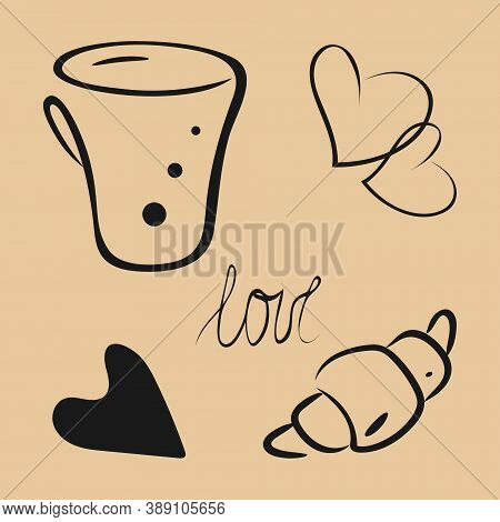 Coffee Set Of Decorative Isolated Elemens. Hand Drawn Line Sketch Design Of Cup, Hearts, Brioche, Le