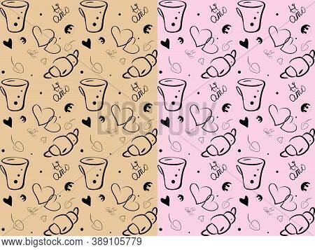 Love Coffee Seamless Pattern. Hand Drawn Sketch Style Illustration Of Coffee Cup, Hearts, Brioche, I