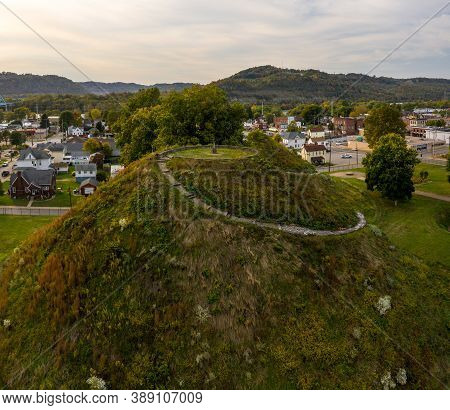 Aerial Drone Shot Of The Ancient Historic Native American Burial Mound In Moundsville, Wv