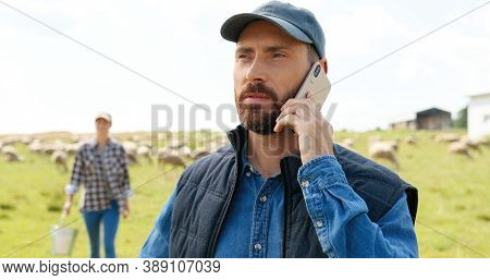 Caucasian Young Male Shepherd Grazing And Looking After Sheep Outdoor While Talking On Mobile Phone.