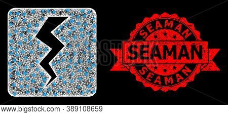 Bright Mesh Net Thunder Crack With Glowing Spots, And Seaman Scratched Ribbon Stamp Seal. Red Seal H