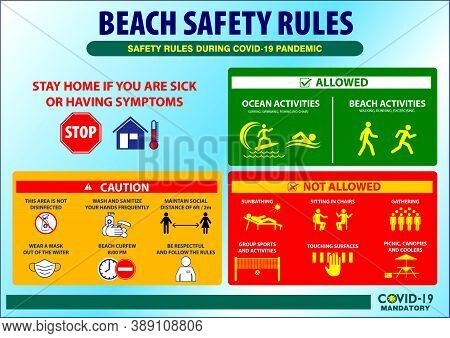 The Beach Safety Rules Poster Or Public Health Practices For Covid-19 Or Health And Safety Protocols