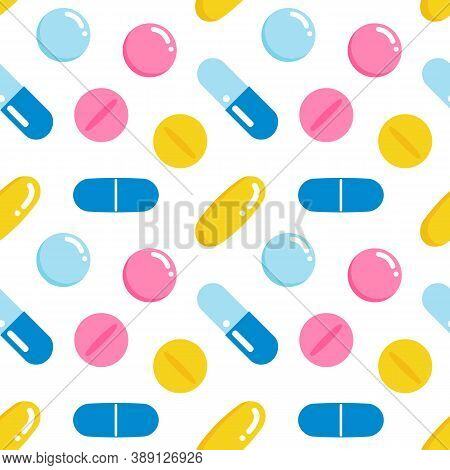 Cute Colorful Pills, Vitamins, Medications, Food Suppliments Vector Seamless Pattern Background.