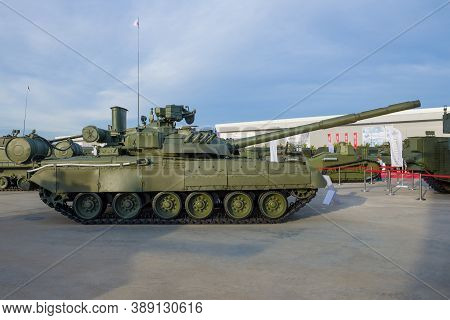 Moscow Region, Russia - August 25, 2020: Soviet Main Tank T-80u-e1. Side View