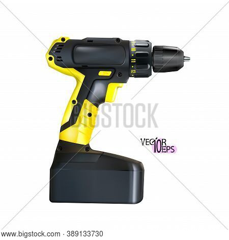Realistic Yellow Black Cordless Drill Professional Tool Isolated On White Background. Construction A