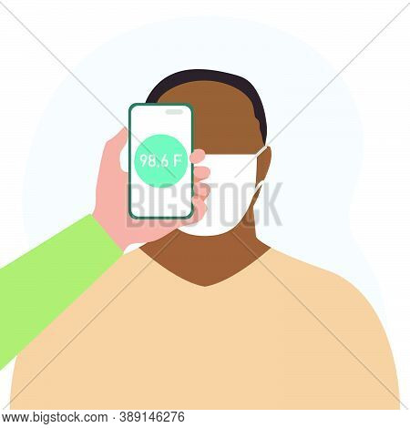 Vector Illustration Phone Placed On Forehead Of Person Remotely Measures Temperature. New Technology