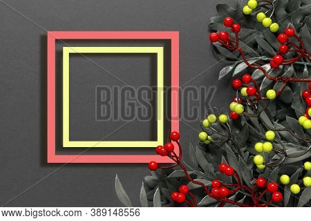 Autumn Oak And Rowan Branches With Red Berries On Black Background.
Creative Paper Trending Backgrou