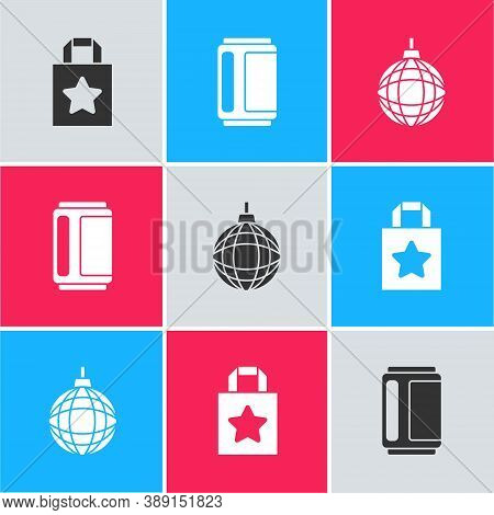 Set Paper Shopping Bag, Beer Can And Disco Ball Icon. Vector