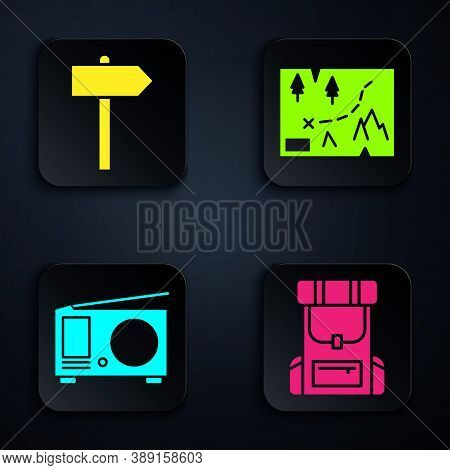 Set Hiking Backpack, Road Traffic Signpost, Radio With Antenna And Folded Map With Location. Black S
