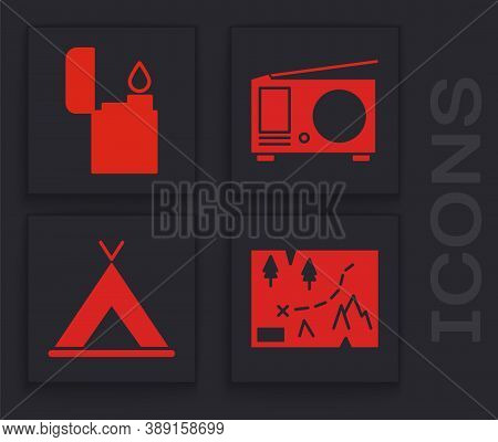 Set Folded Map With Location, Lighter, Radio With Antenna And Tourist Tent Icon. Vector