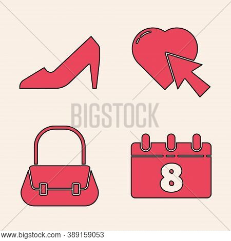 Set Calendar With 8 March, Woman Shoe, Heart And Cursor Click And Handbag Icon. Vector