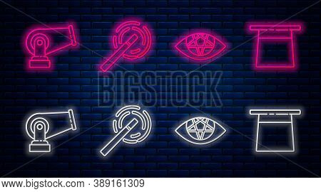 Set Line Magic Wand, Pentagram, Cannon And Magician Hat. Glowing Neon Icon On Brick Wall. Vector