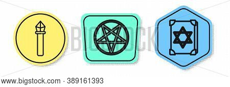 Set Line Magic Staff, Pentagram In A Circle And Ancient Magic Book. Colored Shapes. Vector