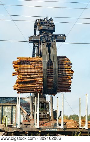 Kouvola, Finland - 24 September 2020: Unloading Of Timber From Railway Carriages At Paper Mill Stora
