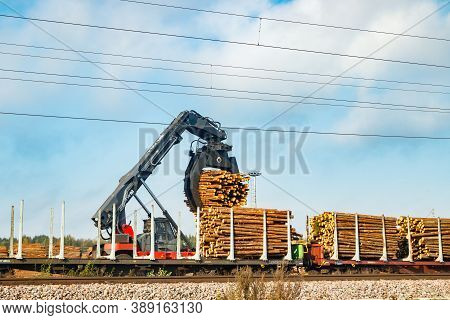 Kouvola, Finland - 24 September 2020: Unloading Of Timber From Railway Carriages At Paper Mill Stora