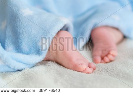 Tiny Bare Legs And Feet Of Newborn Covered With A Blue Soft Warm Blanket. Little Baby Sleeps On Whit