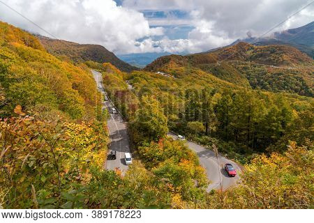 Autumn fall foliage Mountain at Bandai Azuma Skyline at Mt.Bandai in Fukushima Tohoku Japan
