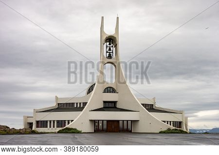 Stykkisholmur, Iceland - July 9, 2014: Controversial White Stykkisholmur Church (stykkisholmskirkja)