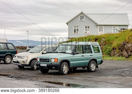 Stykkisholmur, Iceland - July 9, 2014: Legendary Land Rover Defender Suv Car In Stykkisholmur City O