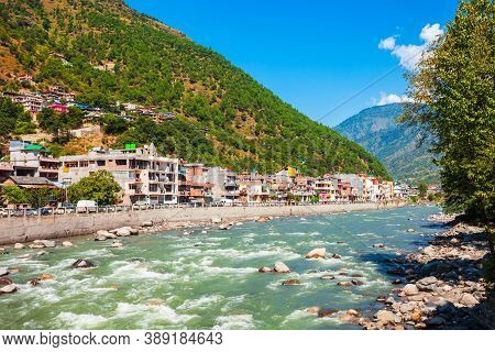 Beas River Near Kullu Town Aerial Panoramic Landscape, Kullu Valley In Himachal Pradesh State In Ind