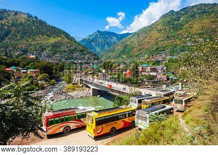 Kullu, India - October 02, 2019: Beas River Near Kullu Town Aerial Panoramic Landscape, Kullu Valley