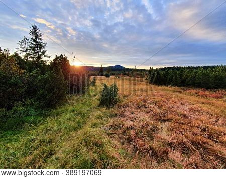 Beautiful Sunset Over Peat Bog Near Kvilda Village In Sumava National Park Landscape.
