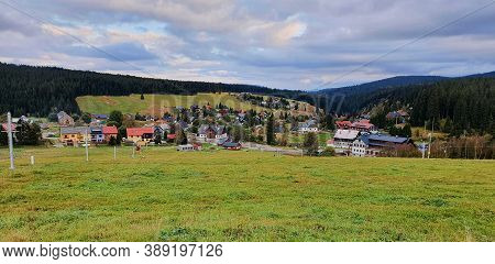 A Panoramic View Of Kvilda Village In Sumava National Park.