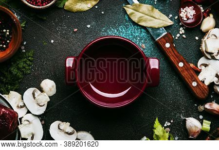 Fresh Organic Vegetables, Ingredients, Spices And Meat For Soup Or Broth On Vintage Kitchen Table Ba