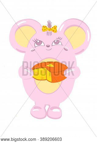 Cute Illustration Of A Pink Mouse With Cheese
