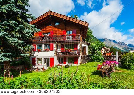 Traditional Local Houses In The Centre Of Zermatt Town In The Valais Canton Of Switzerland