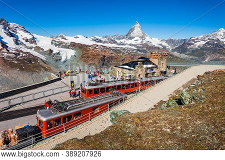 Train Near The Gornergrat Bahn Railway, A Mountain Rack Railway Near Zermatt Town In The Valais Cant