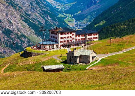 Cable Car Station And Street Cafe Located Near Zermatt Town In The Valais Canton Of Switzerland