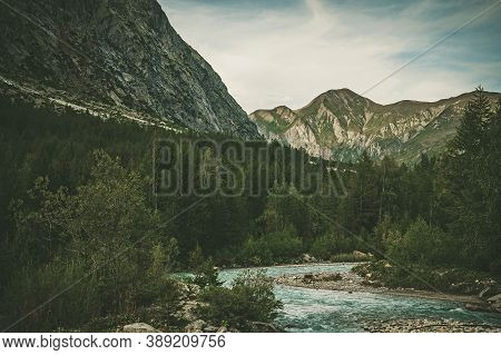 Vel Ferret Or Ferret Valley Italian Alpine Destination. Mountain And The River Sumemr Scenery.