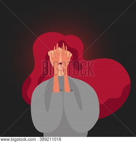 Sad Lonely Woman In Depression Crying Covering Her Face With Her Hands. Depressed Teenager Withdrew 