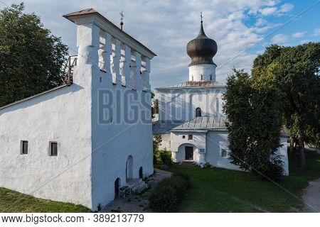 Assumption Church From Paromenya (uspenskaya Church, Xvi Century) And Its Bell Tower. Pskov City, Ps