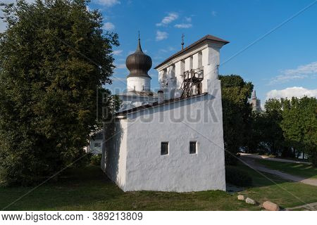 Assumption Church From Paromenya (uspenskaya Church, Xvi Century) And Its Bell Tower. Pskov City, Ps