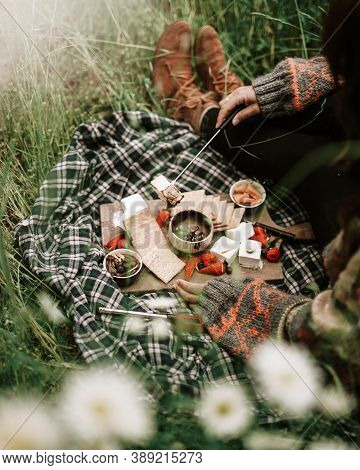 celebrate Christmas in the meadow with a banquet of cakes, biscuits, strawberries, grapes and watermelon on a tray with panel clothes