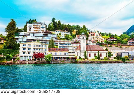 Beauty Houses In Weggis. Weggis Is A Town On The Northern Shore Of Lucerne Lake In The Luzern Canton