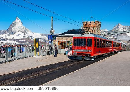 Zermatt, Switzerland - July 16, 2019: Train Near The Gornergrat Bahn Railway, A Mountain Rack Railwa
