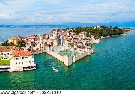 Scaligero Castle Aerial Panoramic View. Scaligero Castle Is A Fortress In The Historical Center Of S