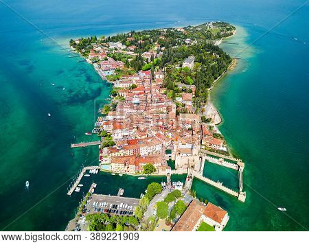 Aerial Panoramic View Of The Sirmione Town At The Garda Lake In Italy
