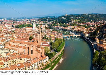 Santa Anastasia Church And Verona Cathedral Aerial Panoramic View In Verona, Veneto Region In Italy