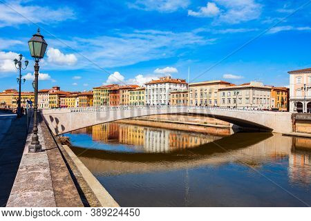 Ponte Solferino Bridge And Colorful Houses At The Arno River Waterfront In The Centre Of Pisa City I